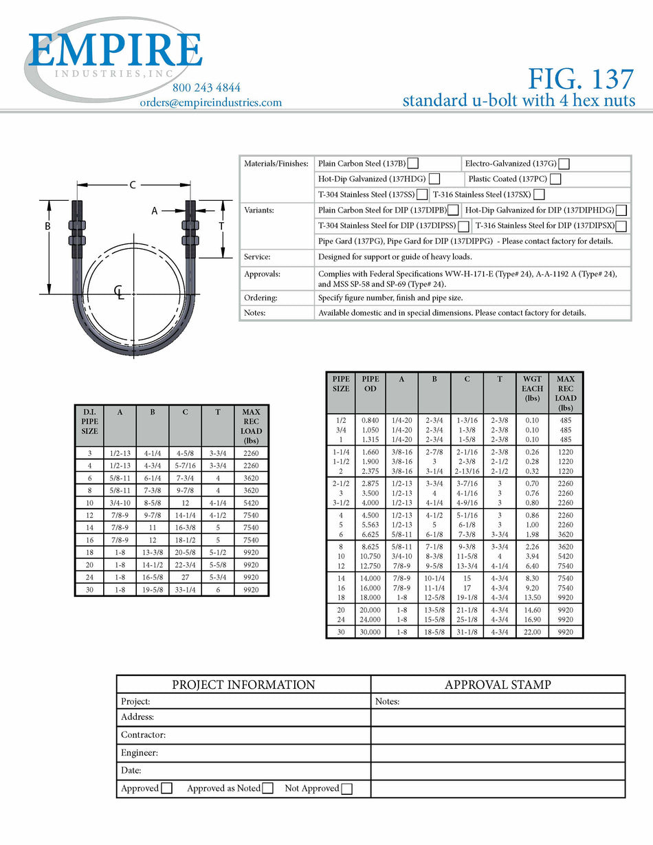 U-Bolt Standard with Hex Nuts T-304 Stainless Steel IPS